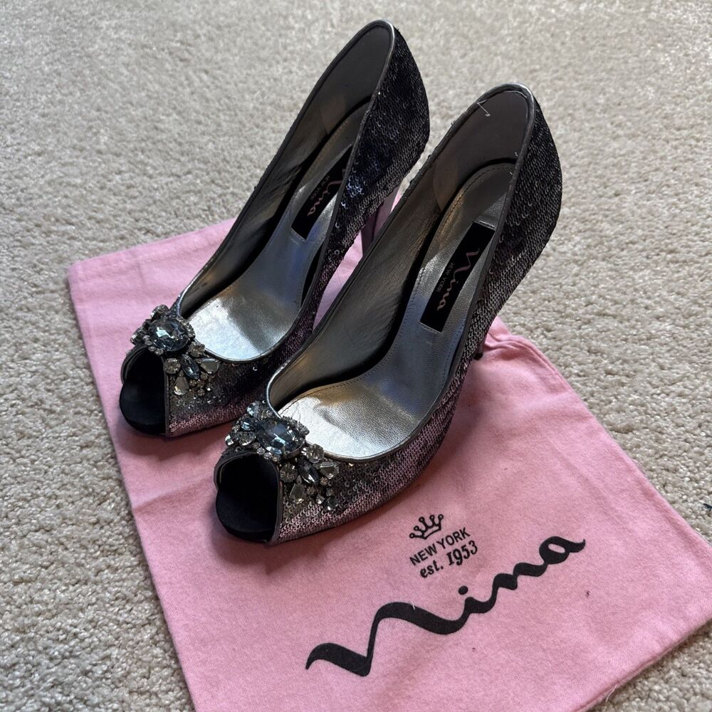 Nina Shoes Erna Silver Ombre Heels In Black Pewter Size 7.5M Sequin Bling Formal